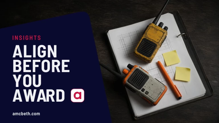 Vendor project manager alignment: two jobsite radios on construction plans, with the headline Align Before You Award