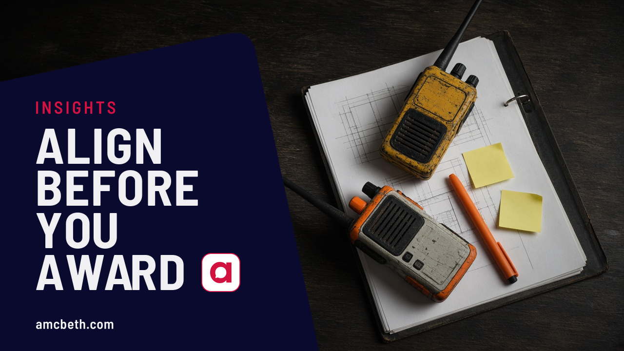 Vendor project manager alignment: two jobsite radios on construction plans, with the headline Align Before You Award